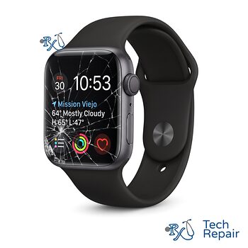 Apple Watch Series 4 with a cracked, shattered screen for screen replacement