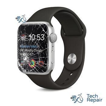 Apple Watch Series 5 with a cracked, shattered screen for screen replacement