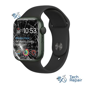 Apple Watch Series 7 with a cracked, shattered screen for screen replacement