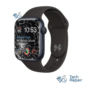 Apple Watch Series 8 with a cracked, shattered screen for screen replacement