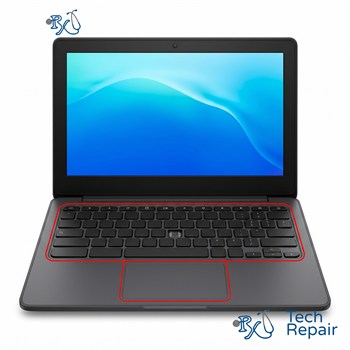 Chromebook with its keyboard and trackpad outlined in red and one key missing